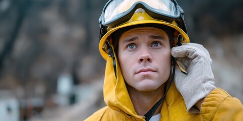 Close Up Portrait of a Male Firefighter Wearing Yellow Helmet and Goggles Outdoors During Daytime