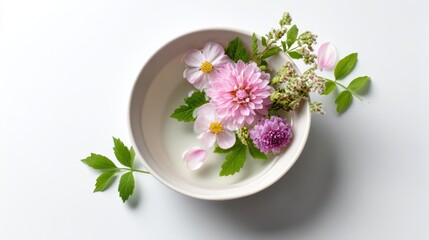 Delicate Pink And Purple Flowers Floating In A White Bowl Of Water With Green Leaves And Soft Lighting