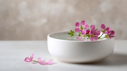 Delicate Pink Cherry Blossoms Floating Gently in a White Ceramic Bowl of Water Against a Textured Neutral Background