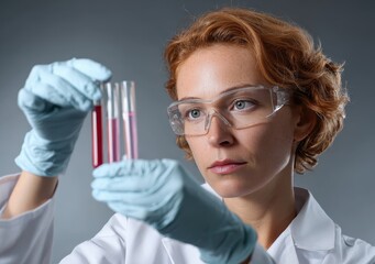 Female Scientist Holding Test Tubes with Red Liquid in Laboratory Safety Goggles