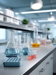 Laboratory Countertop With Glassware And Scientific Equipment Illuminated By Bright Overhead Lighting