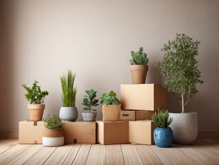 A cozy arrangement of potted plants on stacked boxes, creating a serene indoor atmosphere filled with greenery and natural textures.