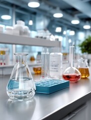 Laboratory Science Research Glassware With Liquids On Table