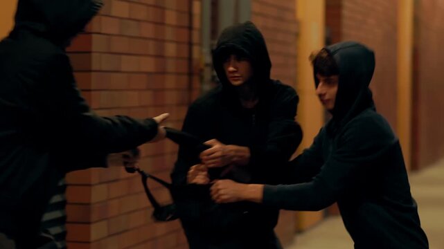Night street mugging hooded teenage thugs steal a victim is backpack