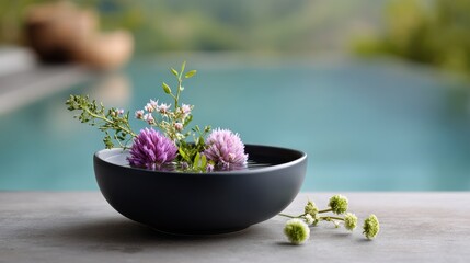 Serene Bowl of Pink and Purple Flowers Floating on Water with Blurred Pool Background and Lush Greenery