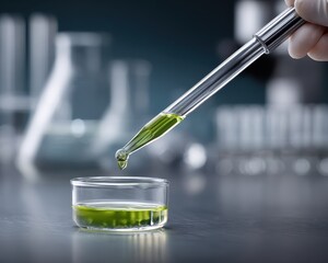 Scientist Pipettes Green Liquid Into Glass Vial In Laboratory With Beakers And Test Tubes