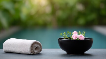 Soft White Rolled Towel Beside Black Bowl With Pink Flowers and Greenery Outdoor Setting