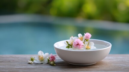 Spa And Wellness Floral Arrangement Floating In Water Bowl With Pool Background Outdoor