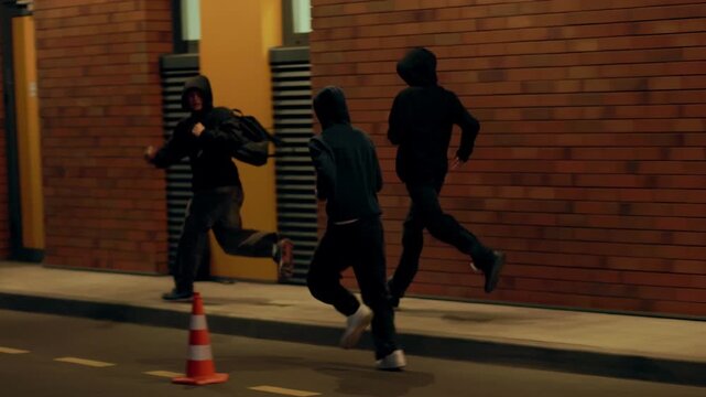 Two hooded teens chase a frightened boy on the street in a night crime scene