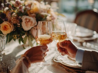 A warm, intimate moment captured as two people toast with elegant glasses amidst a beautiful floral arrangement.
