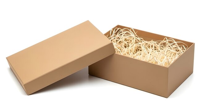 Opened sustainable kraft paper gift box filled with protective natural wood wool packaging material. isolated PNG with Transparent Background