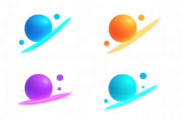 Abstract neon glowing sphere elements with luminous lines and small orb satellites on a transparent background
