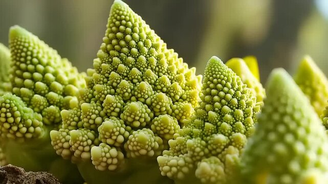 Fractal patterns emerge from vibrant green Romanesco broccoli florets in a close-up shot.