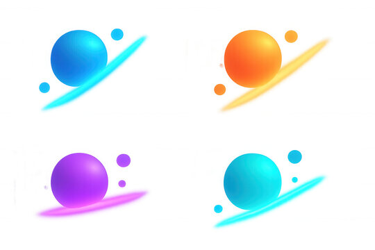 Abstract neon glowing sphere elements with luminous lines and small orb satellites on a transparent background