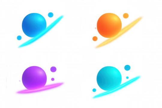 Abstract neon glowing sphere elements with luminous lines and small orb satellites on a transparent background