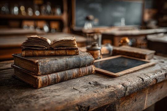 An aged wooden school desk holds an open antique book, a stack of old books, and a modern tablet, set against a blurred backdrop of a vintage classroom with a chalkboard and aged desks