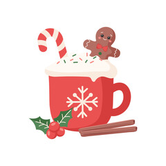 Christmas drink with cute gingerbread man, candy cane, cinnamon sticks and holly berries. Vector illustration 