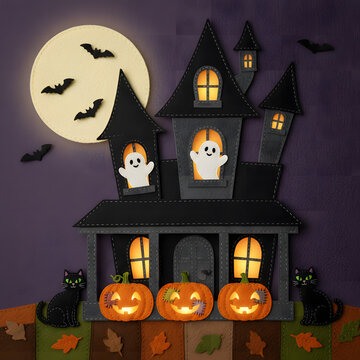 Cute Felt Halloween Haunted House with Ghosts, Black Cats, and Pumpkins