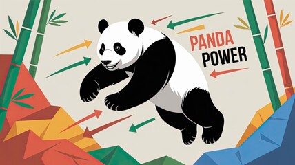 Dynamic Panda Illustration with Abstract Shapes and Bamboo Background