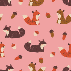 Autumn seamless pattern with squirrels and acorns on pink background. Perfect for wallpaper, gift paper, greeting cards. Vector hand drawn illustration