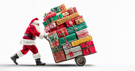 Santa Delivering Stacked Christmas Presents on a Dolly Against White Background