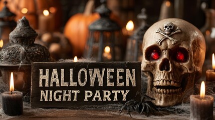 Skull and crossbones with red glowing eyes, horror text &ldquo;Halloween Night Party&rdquo; surrounded by cobwebs and candles