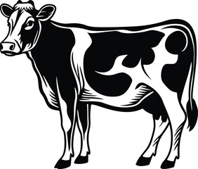 Black and white cartoon cow and bull illustration on farm
