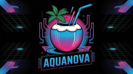 Vibrant Coconut Drink with Palm Leaf in Retro Futuristic Style
