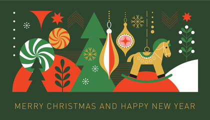 Christmas decorations, vector xmas banner, Christmas tree toys