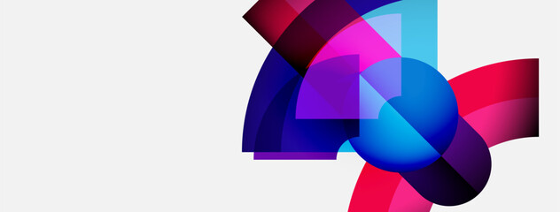 Abstract colorful shapes overlap, creating dynamic visual effect. Bright hues blend, forming modern composition. Clean background enhances design.