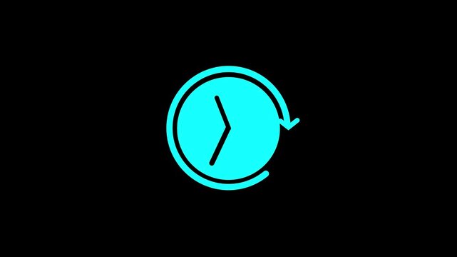 Cyan Silhouette of a Simple Clock Icon with Two Hands on a Black Background time. Simple cyan clock.