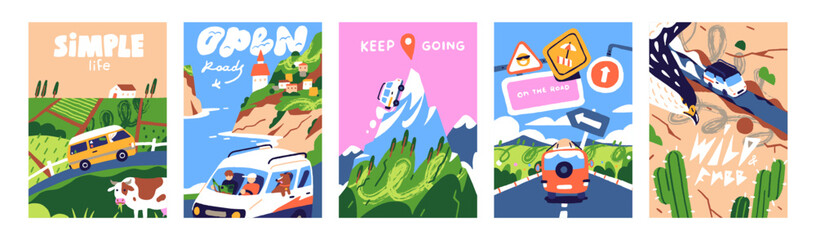 Postcards with travelling by car set. Road trip cards designs. Tourism by automobile. People ride to nature, mountains, or sea resorts driving campers, caravans, RVs, vans. Flat vector illustrations © Paper Trident