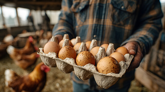 Fresh farm eggs in carton box held by farmer. Backyard chickens, organic egg production, natural poultry farming - Powered by Adobe