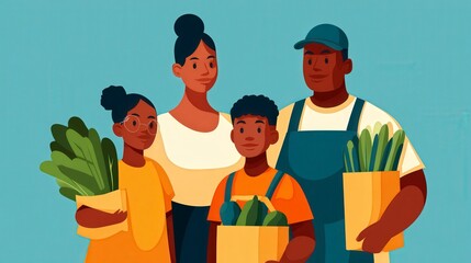 Family Together Using Reusable Containers and Bags for Grocery Shopping with Fresh Vegetables and Produce