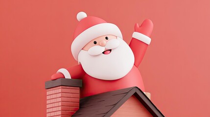 Cheerful Santa Claus Peeking from Chimney Against Coral Background