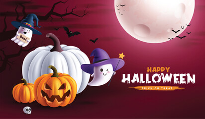 Halloween greeting card vector design. Happy Halloween text with pumpkins, ghost and full moon elements in scary spooky night background. Vector illustration horror party card design.