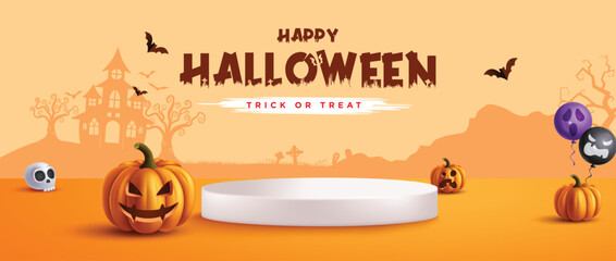 Halloween podium vector banner design. Happy Halloween trick or treat greeting text with pumpkin elements in podium stage for product display promotion. Vector illustration holiday seasonal promo