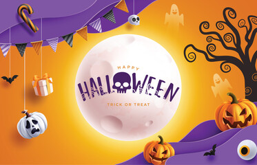 Halloween moon vector template design. Happy halloween greeting text in full moon elements, pumpkins and hanging decoration in paper cut background. Vector illustration horror scary greeting card.  