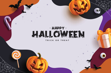 Halloween greeting text vector background design. Happy Halloween and trick or treat in abstract pattern background with pumpkins, gift box, candy and spider web elements. Vector illustration