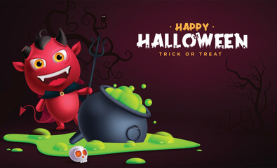 Halloween demon character vector design. Happy Halloween trick or treat greeting text with demon monster character with cauldron and green liquid elements in scary night background.