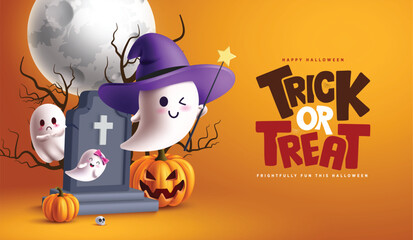 Trick or treat greeting text vector design. Happy Halloween trick or treat text with floating ghost, pumpkins and stone grave elements in full moon orange background. Vector illustration