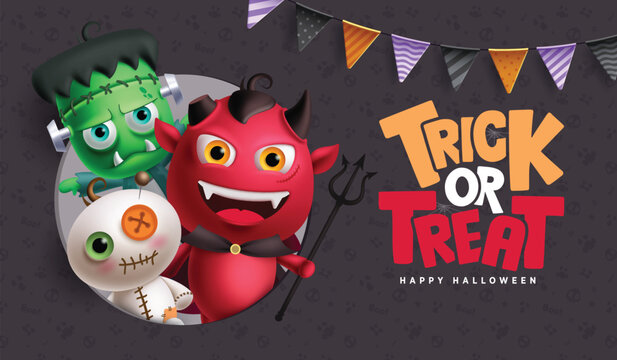 Trick or treat Halloween vector design. Happy Halloween greeting text with demon, zombie and mummy characters with pattern and print background. Vector illustration horror party design. 
