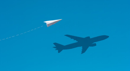 Paper Plane Dreams Soaring Above with Big Aspirations Against the Blue.
