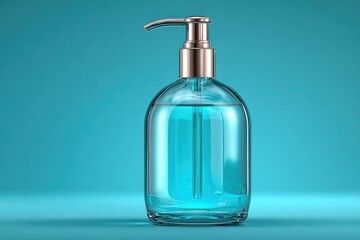 Clear glass dispenser bottle filled with blue liquid stands against a solid teal background, featuring a pump mechanism and smooth, curved shape