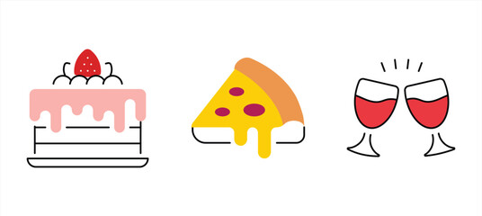Modern hand-drawn food illustration set strawberry cake, cheesy pizza slice, and clinking wine glasses. Designed in a clean minimal vector style, perfect for kitchen wall art , digital and branding