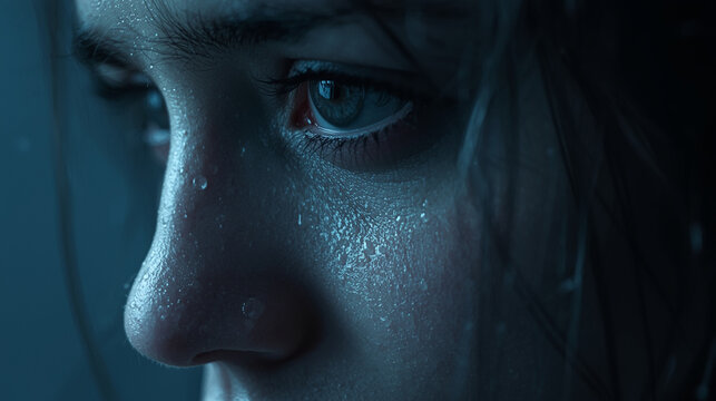 Macro close-up of face expressing sadness, cool desaturated blue-gray tones, soft diffused lighting emphasizing emotional depth, moisture on skin for realism, artistic fine-art style