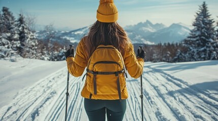 Rear view of a woman hiking on a snowy mountain trail in winter.