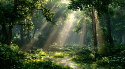 Obraz premium Sunlight streams through a lush forest canopy onto a winding path.