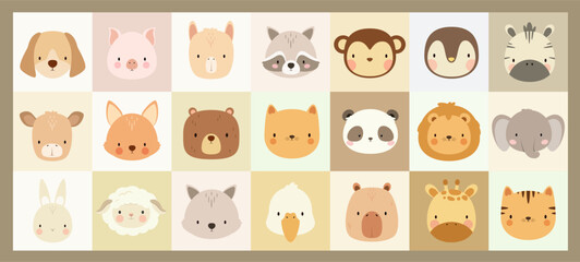 A set of cute animal faces. Vector.