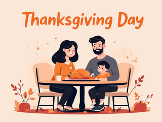 Illustration of a family celebrating Thanksgiving Day with a turkey dinner.